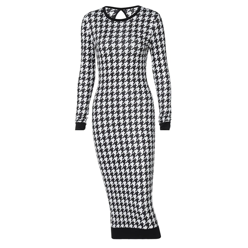 Houndstooth Print Long Sleeve Midi Dress Women 2023 Autumn Winter